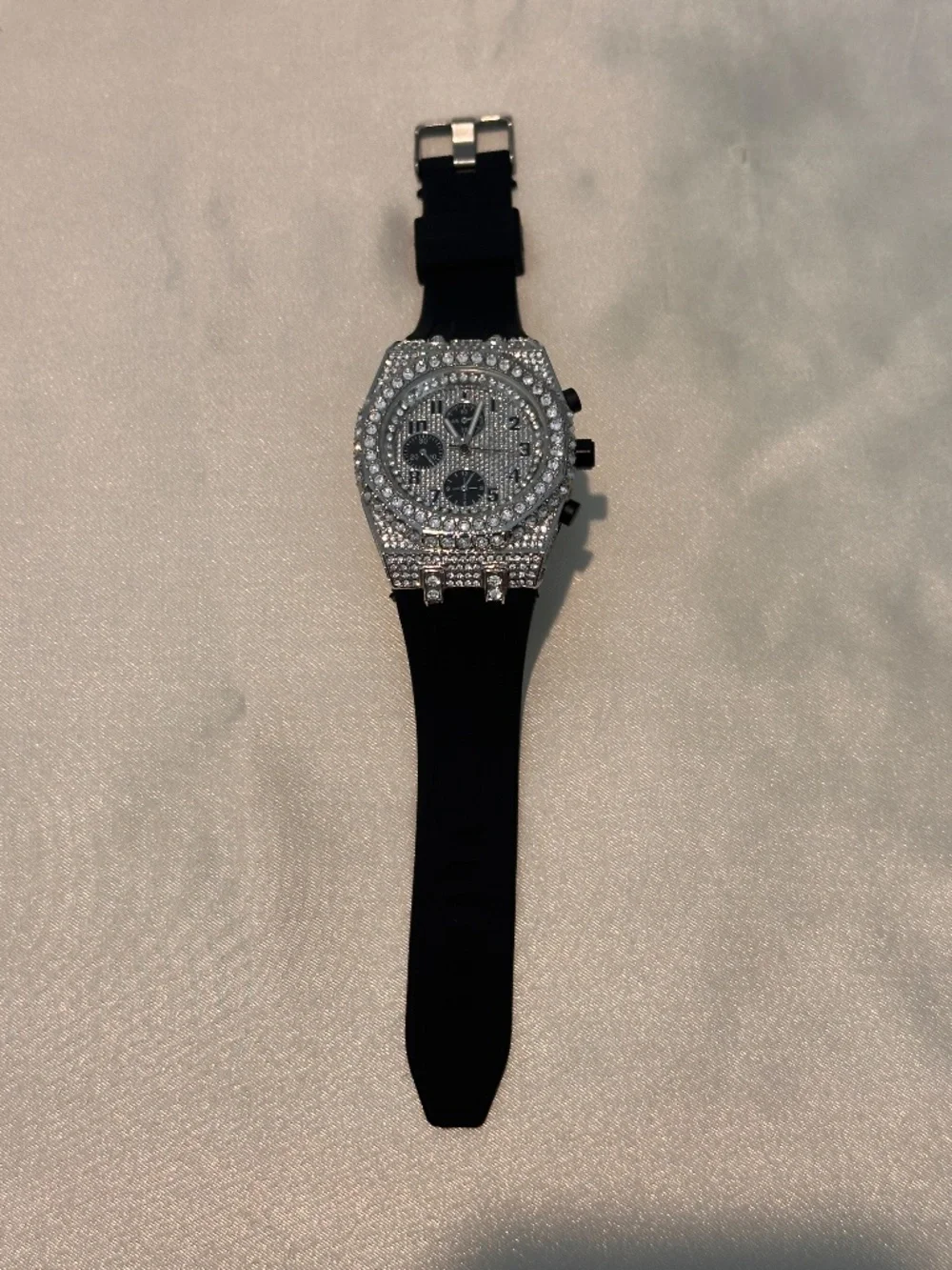 Ice Star Rhinestone Statement Watch Black Silicone Band Working